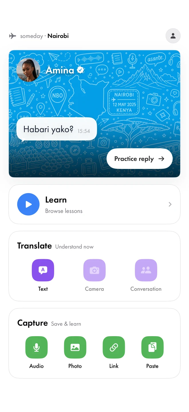 Lexifari Home screen with Amina Practice reply and expanded Learn, Translate and Capture cards