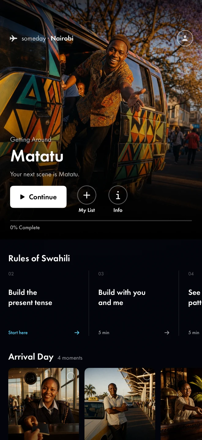 Lexifari Path screen with the Matatu lesson and travel situation collections