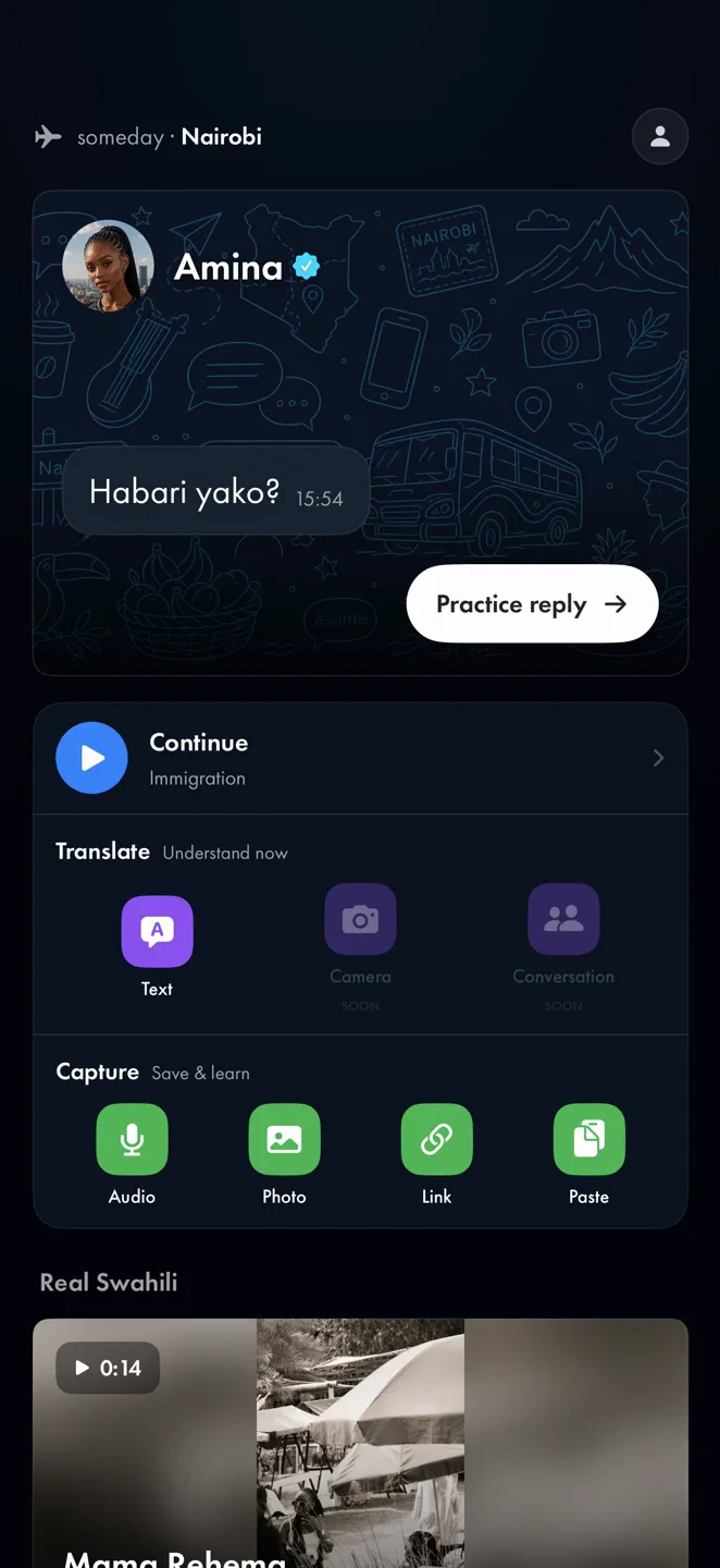 Lexifari Home screen with Amina conversation practice, an Immigration lesson, and capture tools