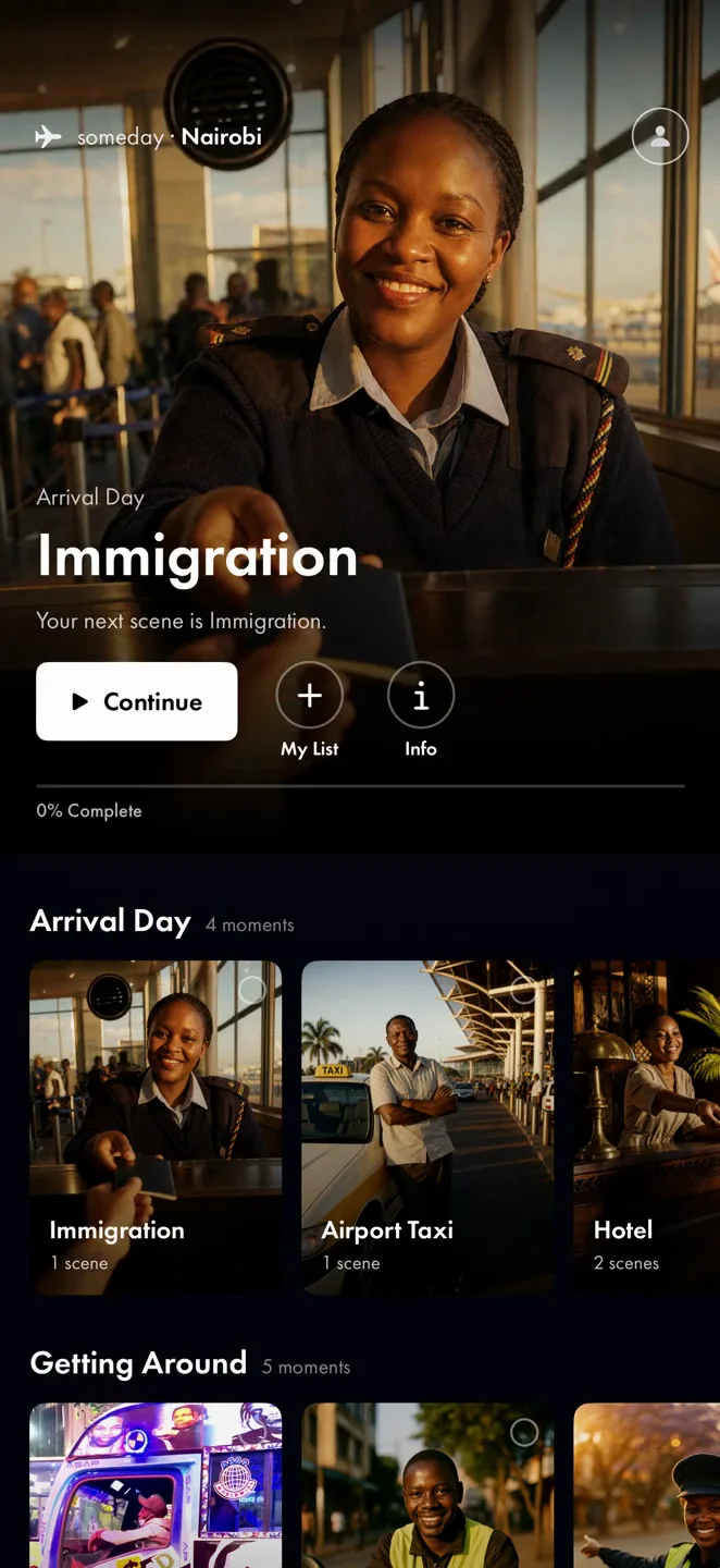 Lexifari Path screen with the Immigration lesson and travel situation collections