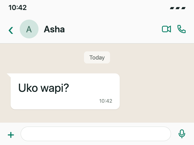 Illustrative WhatsApp screenshot: Asha sent “Uko wapi?”